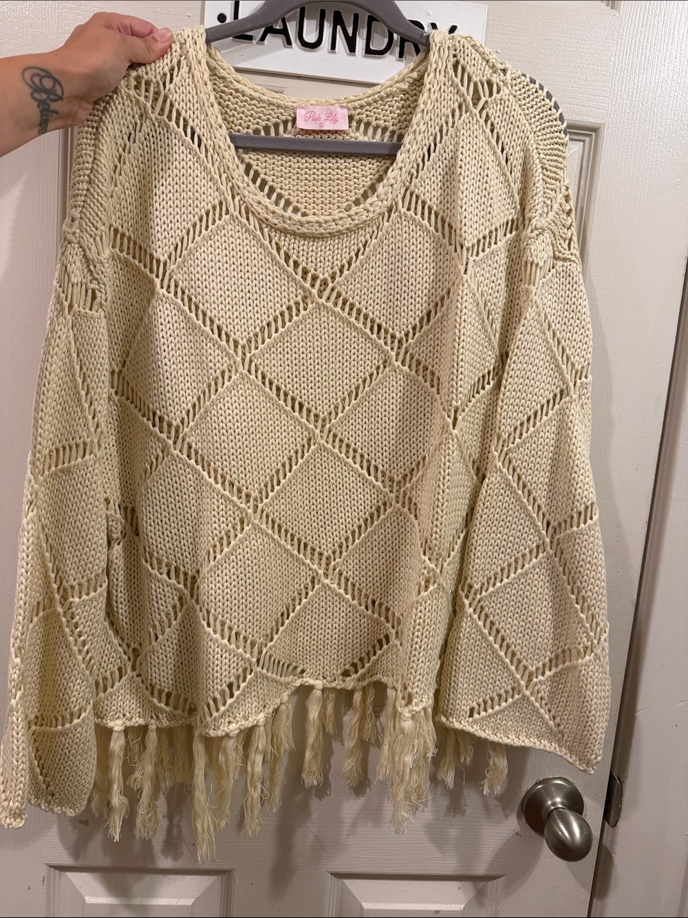 Pink Lily Cream Open-Knit Fringe Crew Sweater